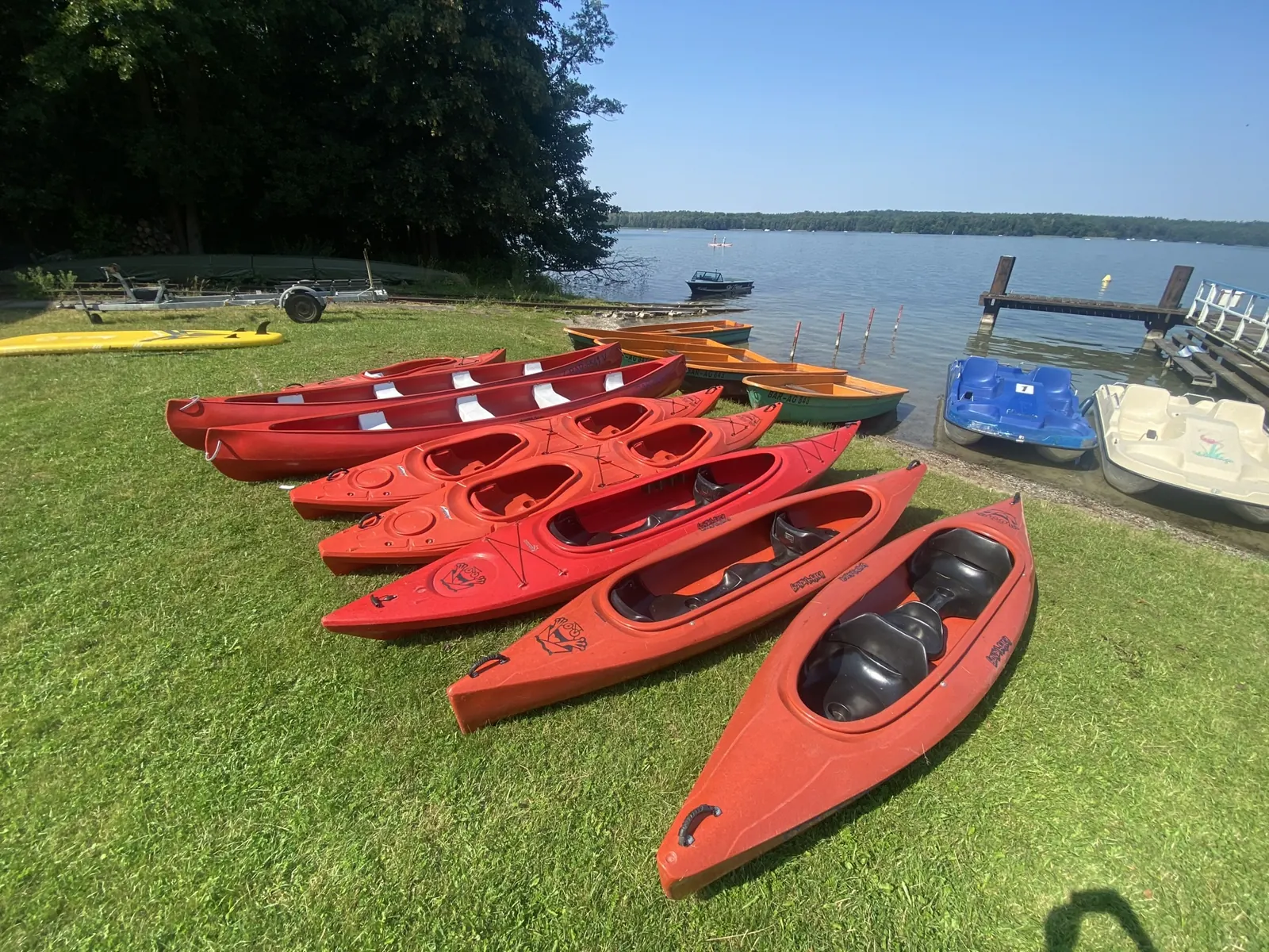 Rote Kajaks auf der Wiese der Bootsvermietung am Werbellinsee