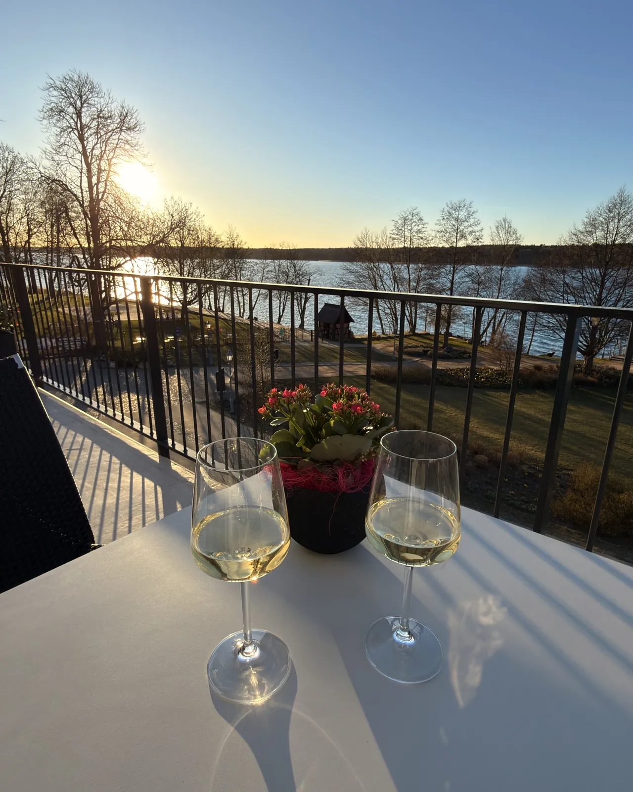 Zwei Gläser Wein am Geländer der Dachterrasse im Abendlicht