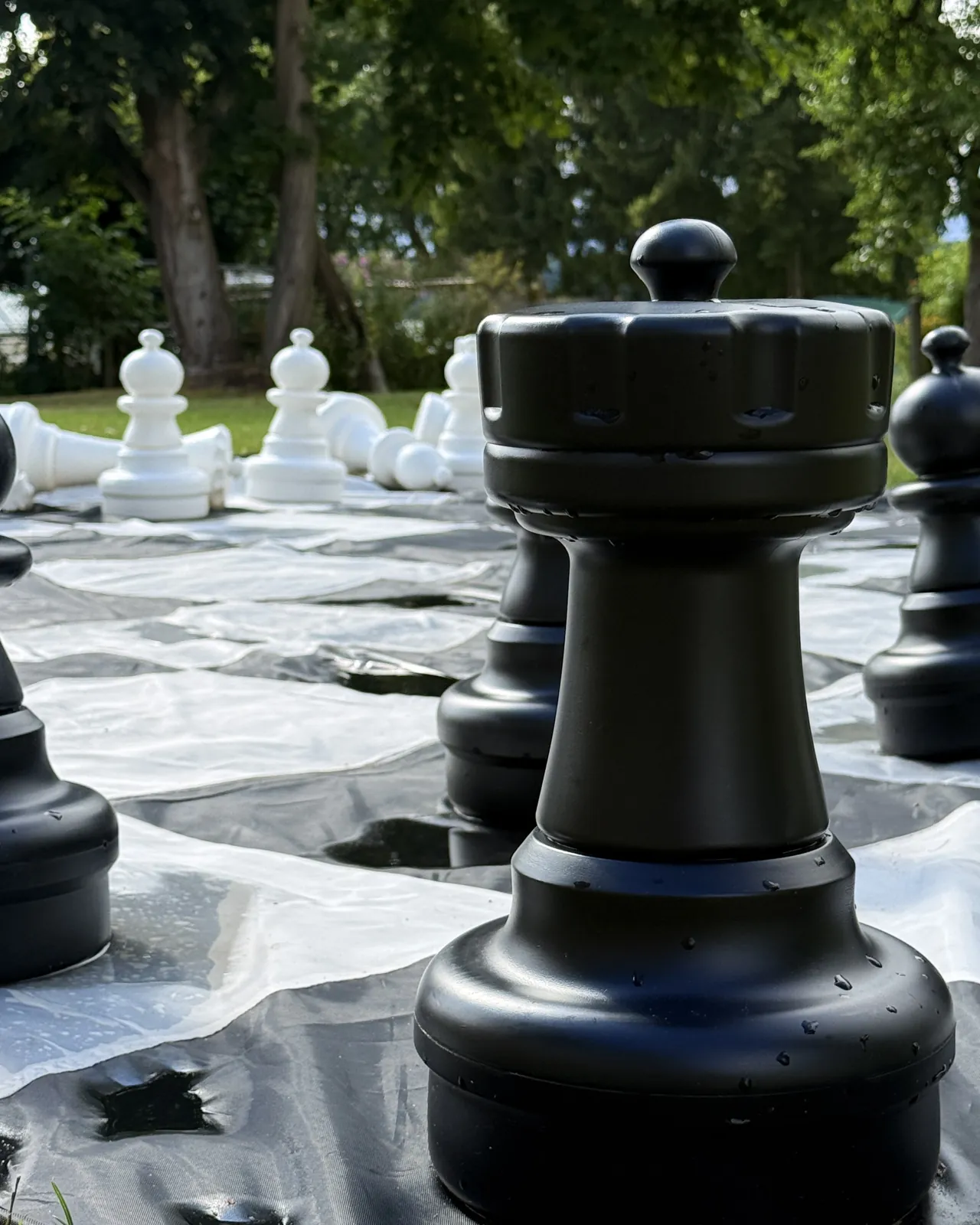 Gartenschach mit großen Figuren auf der Liegewiese